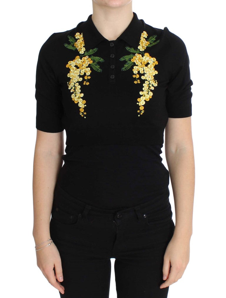 Haut polo brodé de fleurs en soie noir