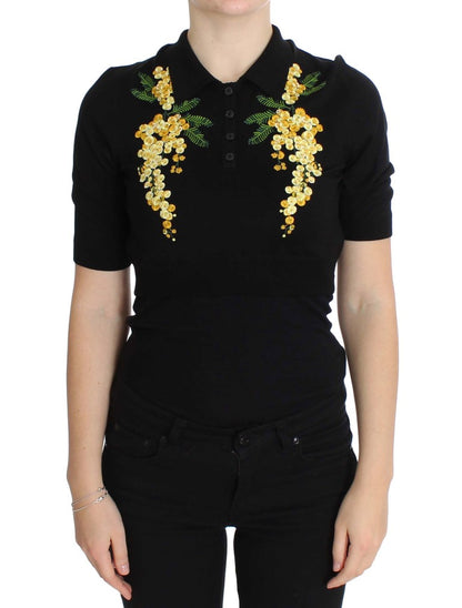 Haut polo brodé de fleurs en soie noir