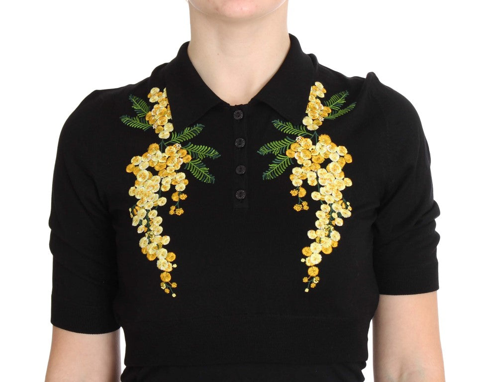 Schwarzes, mit Blumen besticktes Poloshirt aus Seide