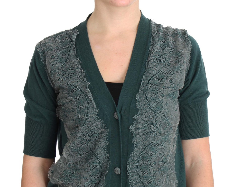 Grüner Cardigan-Pullover aus Baumwolle mit Spitze