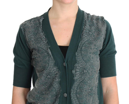 Pull cardigan en coton et dentelle vert