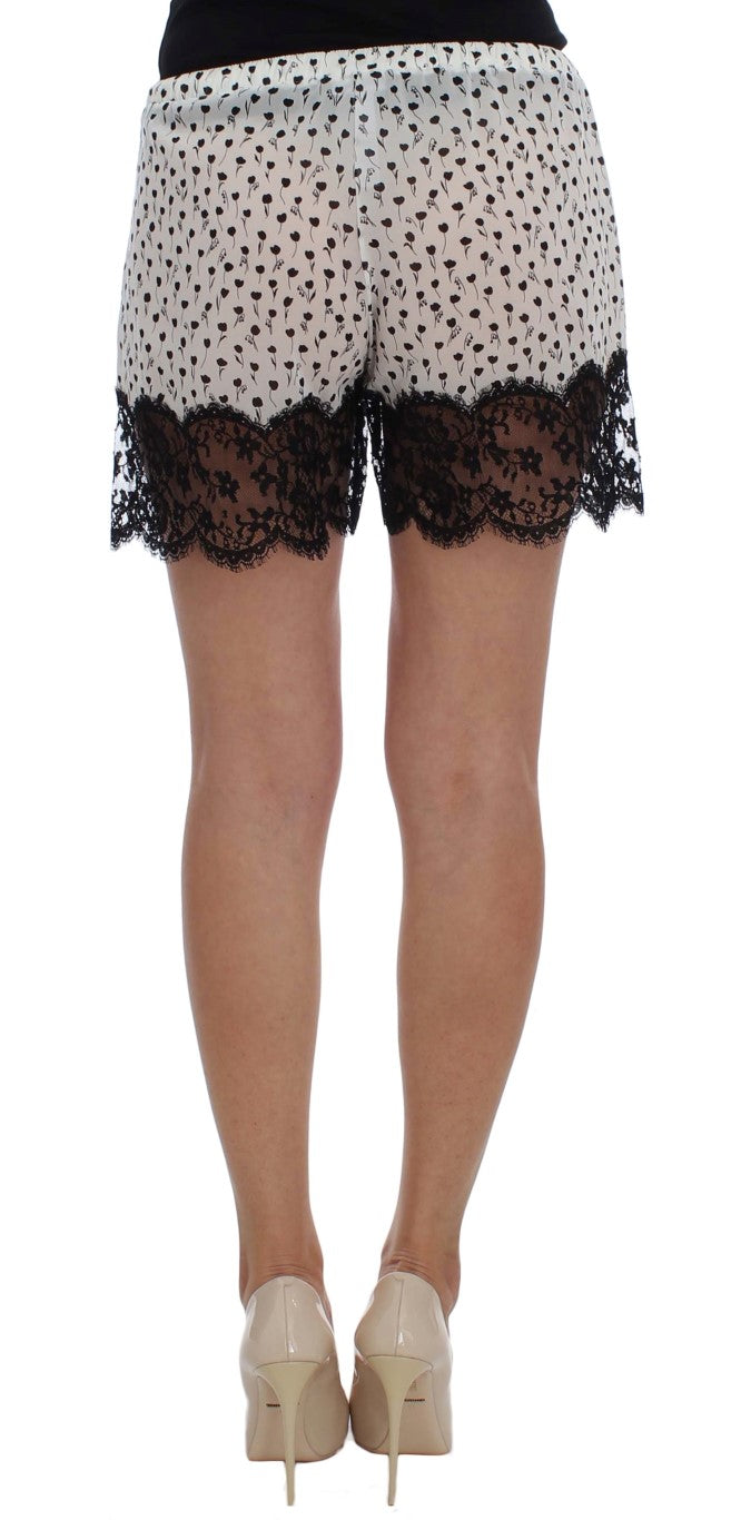 Short de nuit en soie et dentelle florale, blanc et noir