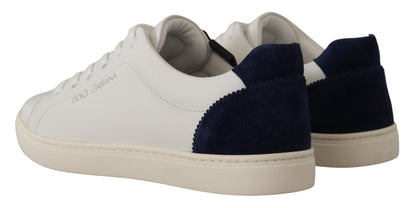 Weiße, blaue Leder-Low-Top-Sneaker