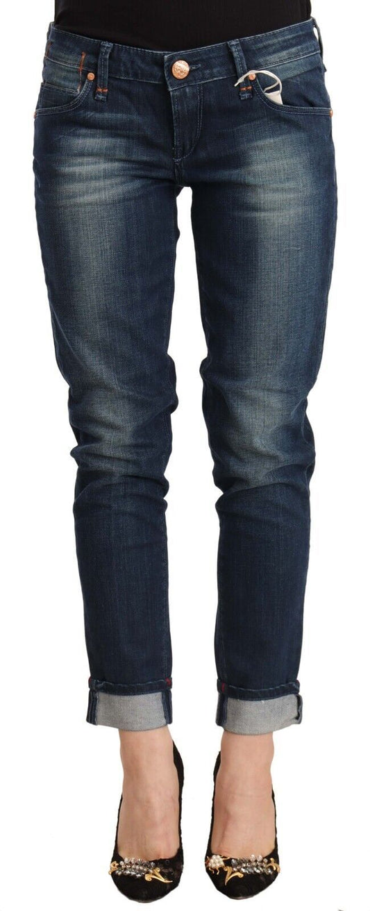 Jeans skinny con orlo piegato in denim skinny a vita bassa lavato blu