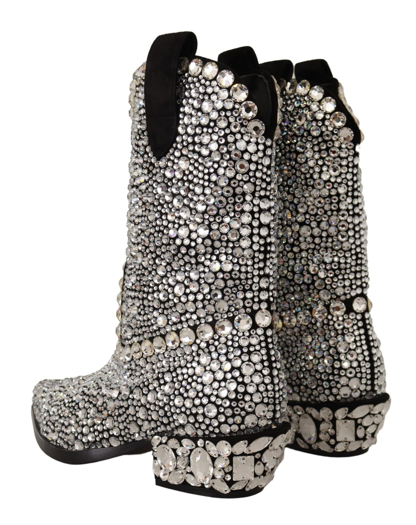 Stivali da cowgirl in camoscio nero con strass e cristalli