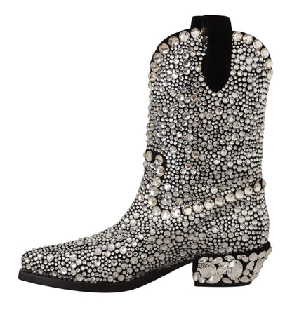 Stivali da cowgirl in camoscio nero con strass e cristalli