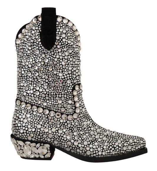 Stivali da cowgirl in camoscio nero con strass e cristalli