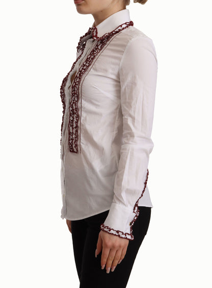 Camicia con colletto a volant a maniche lunghe in pizzo di cotone bianco