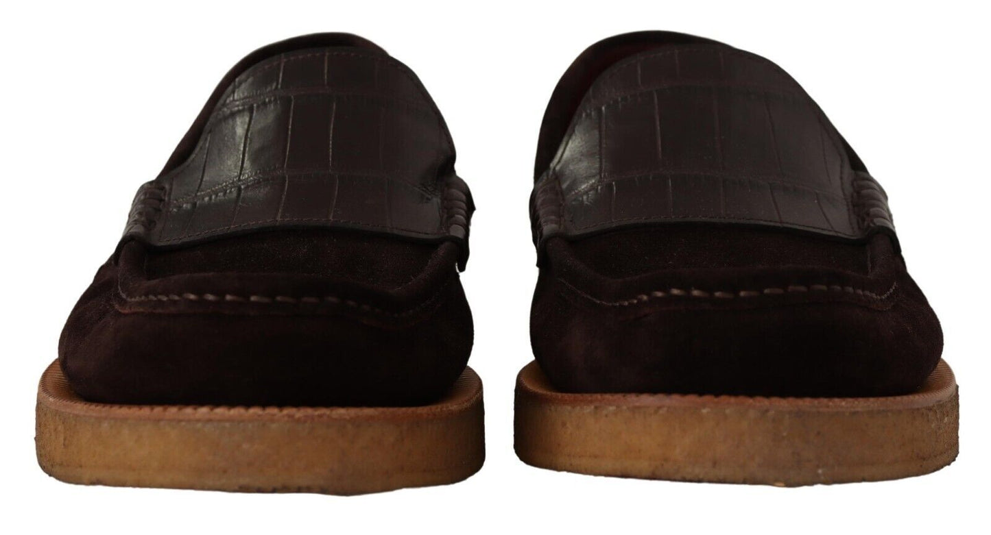 Elegant Suede Crocodile Loafers in Brown