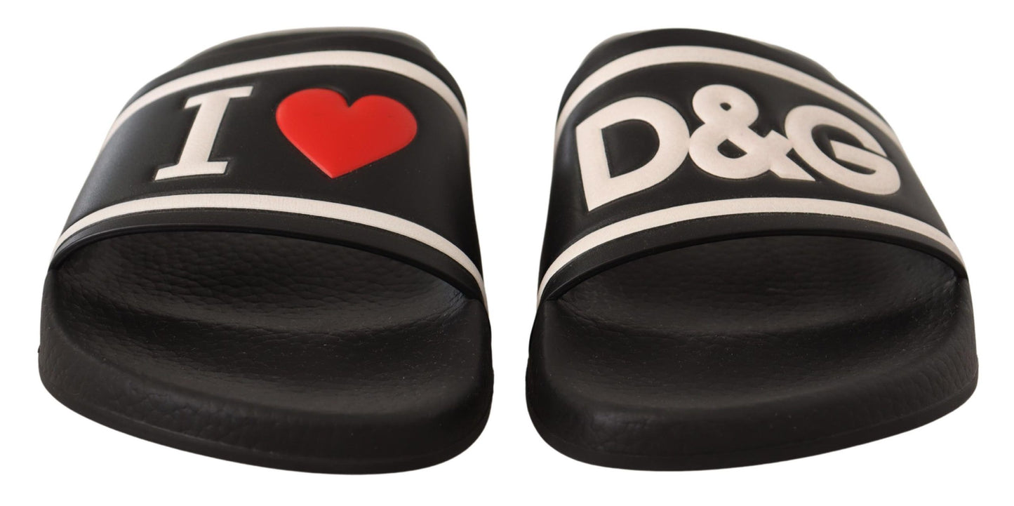 I Love D&G Slides-Sandalen aus schwarzem Leder