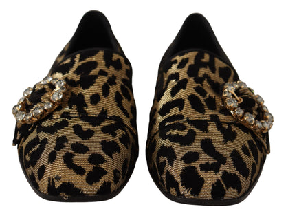 Goldfarbene Loaferschuhe mit Leopardenmuster und Kristallen