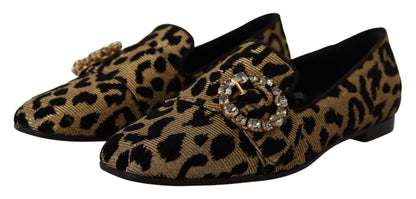 Goldfarbene Loaferschuhe mit Leopardenmuster und Kristallen