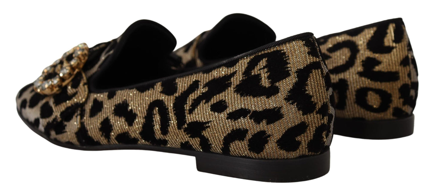 Goldfarbene Loaferschuhe mit Leopardenmuster und Kristallen