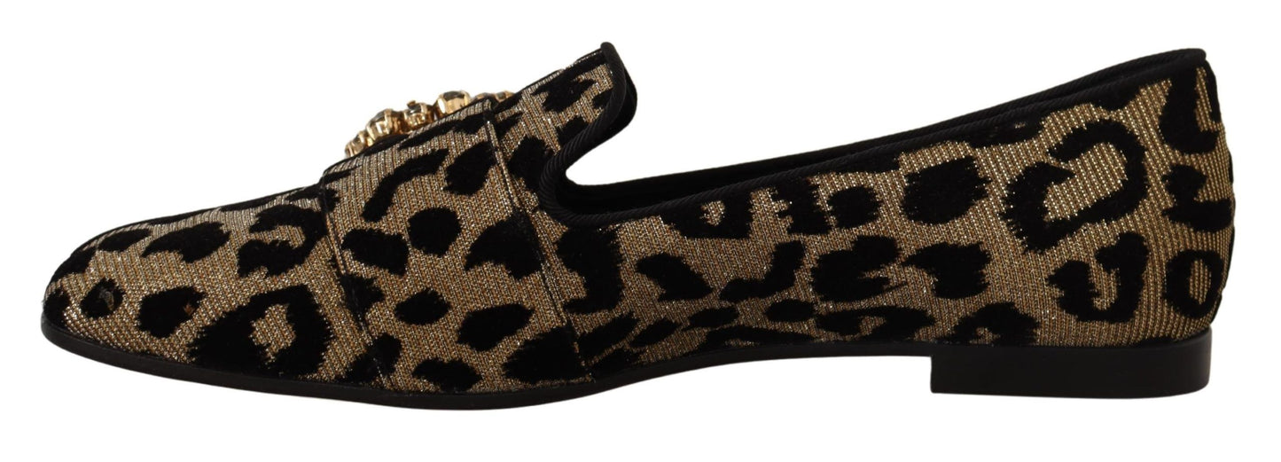 Goldfarbene Loaferschuhe mit Leopardenmuster und Kristallen