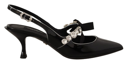 Scarpe slingback con cristalli in pelle verniciata nera