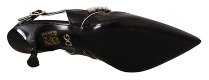 Scarpe slingback con cristalli in pelle verniciata nera