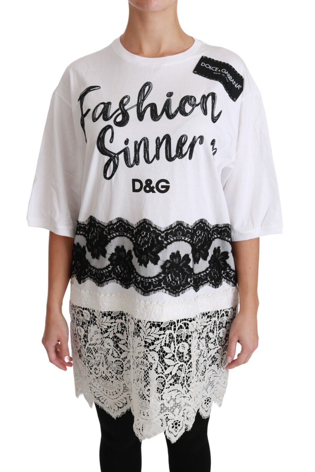 Weißes Fashion Sinner T-Shirt-Oberteil aus Baumwolle mit Spitze