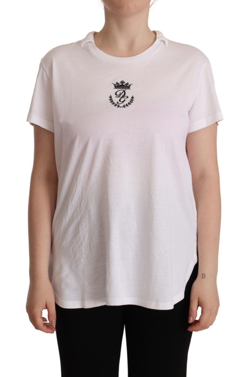 T-shirt con colletto in cotone con stampa DG Crown bianca