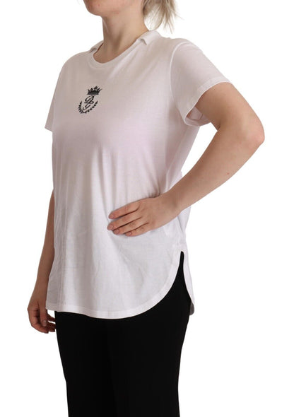 T-shirt con colletto in cotone con stampa DG Crown bianca