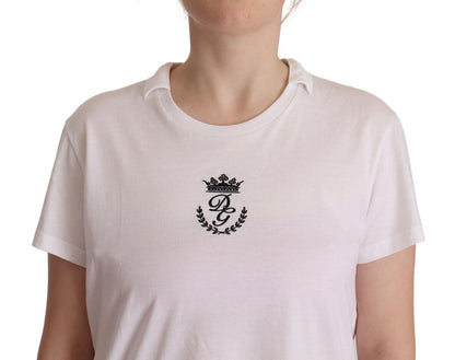 T-shirt con colletto in cotone con stampa DG Crown bianca