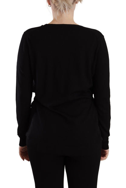 Top pullover a maniche lunghe con scollo a V in lana nera