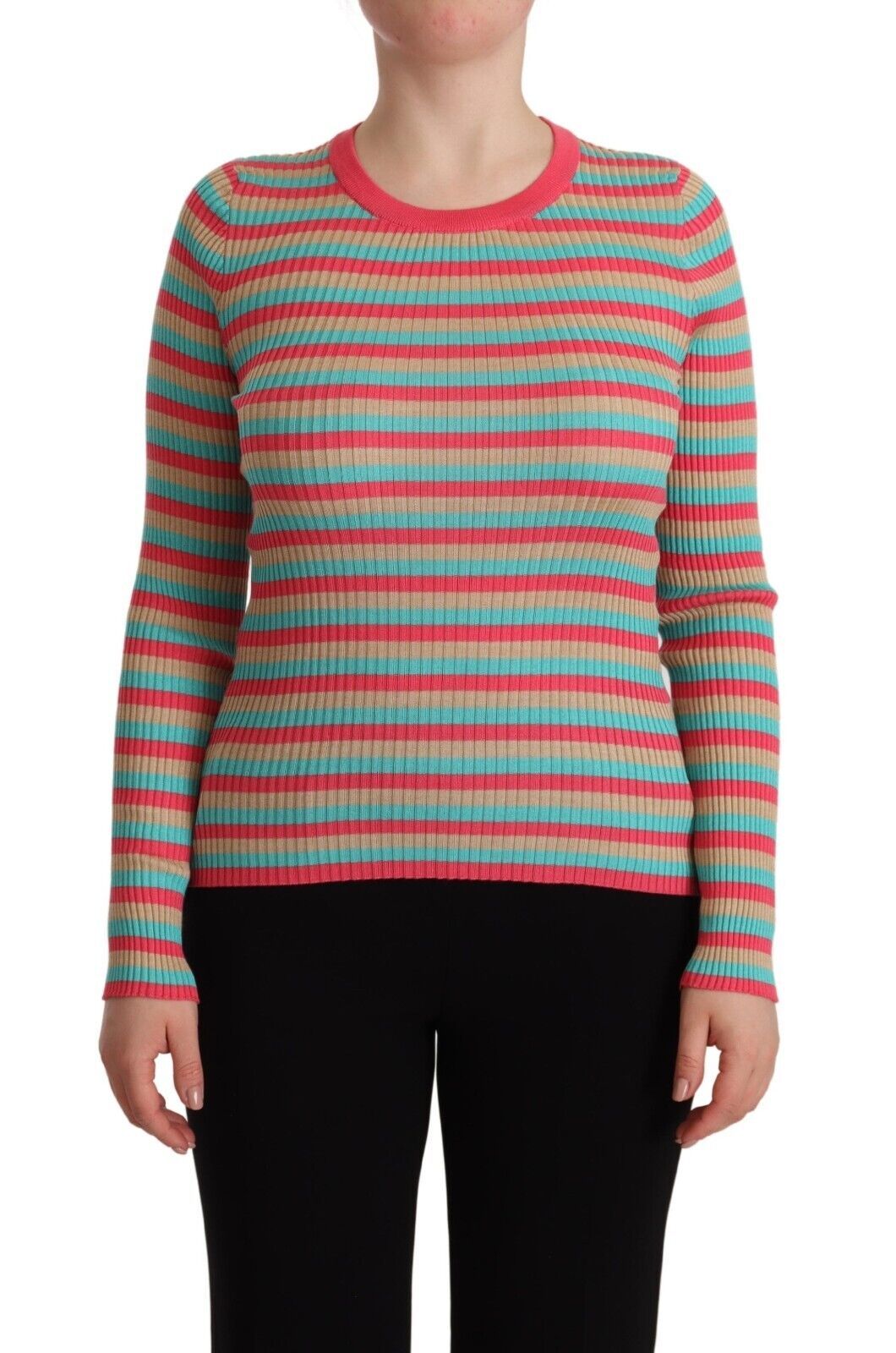 Top pullover girocollo in seta a righe multicolori