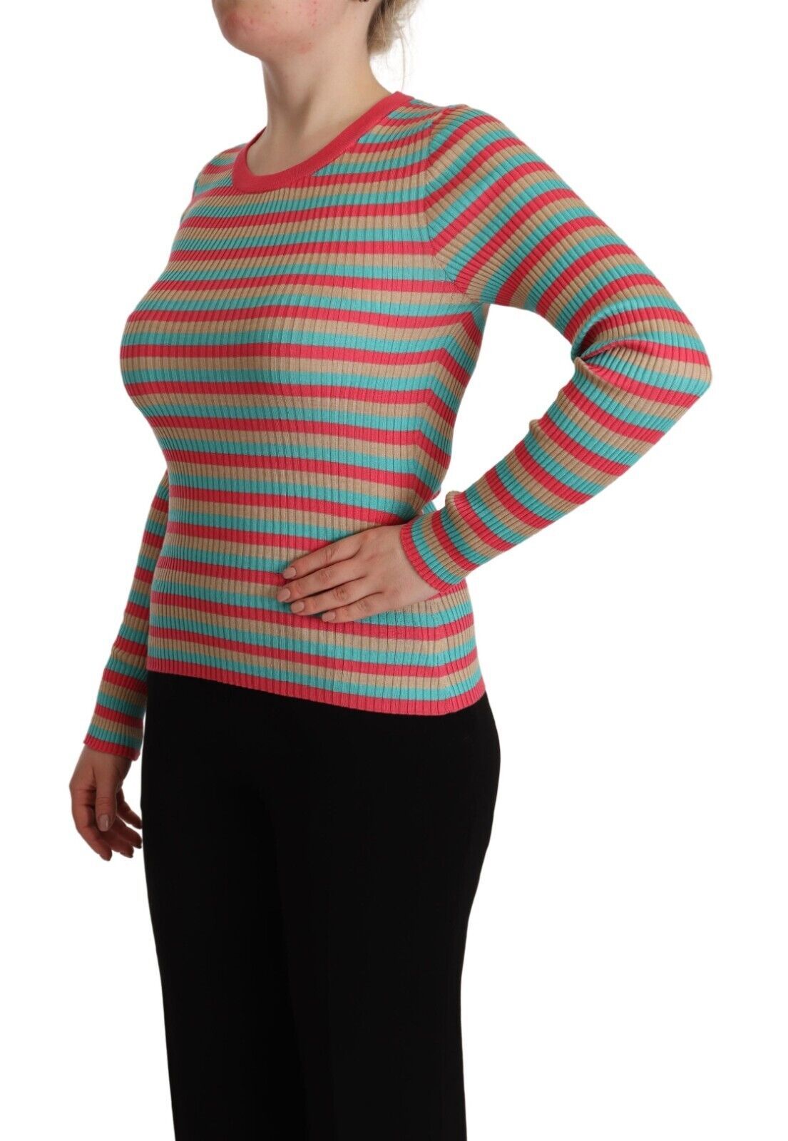 Top pullover girocollo in seta a righe multicolori