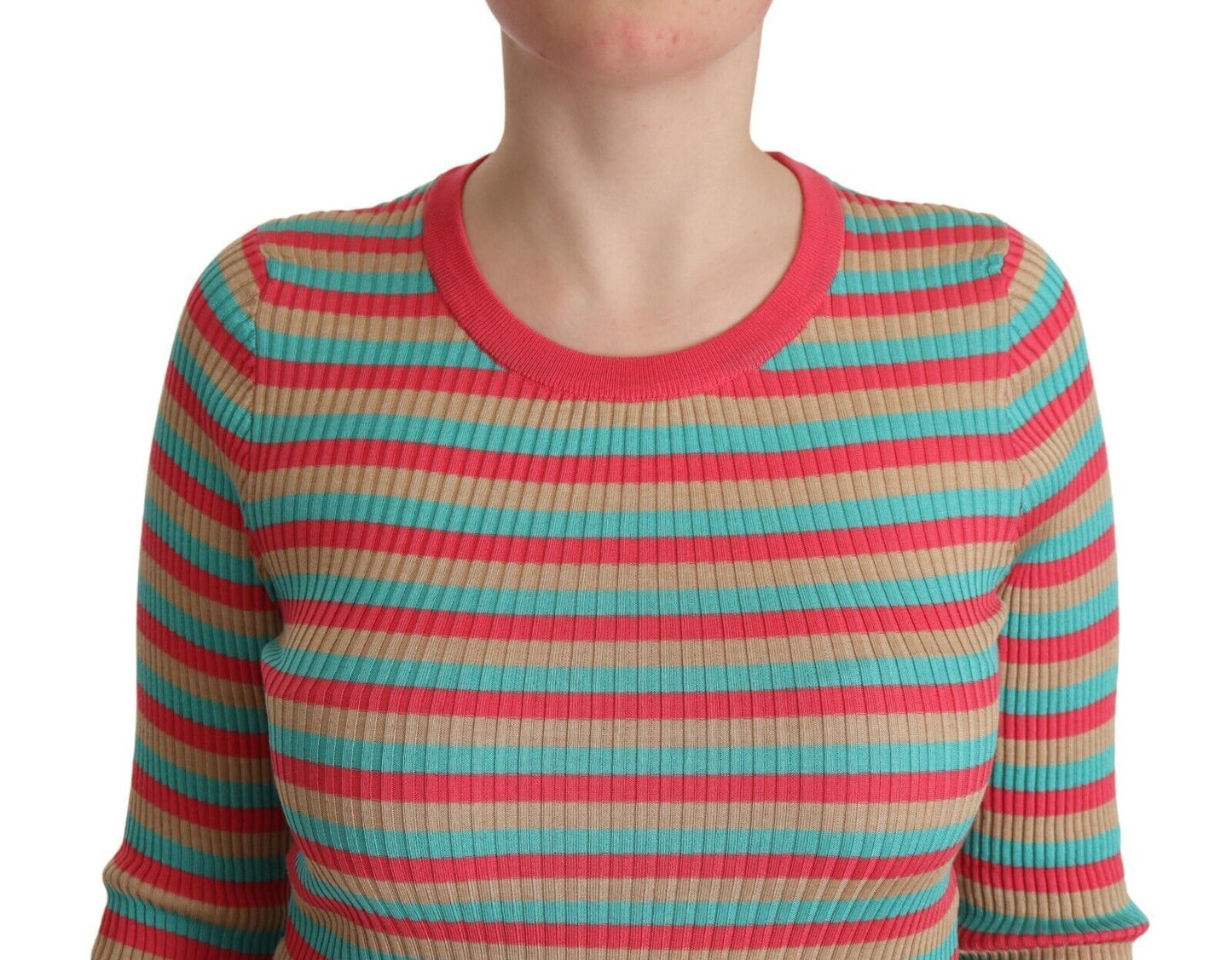 Top pullover girocollo in seta a righe multicolori