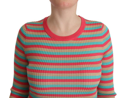 Top pullover girocollo in seta a righe multicolori