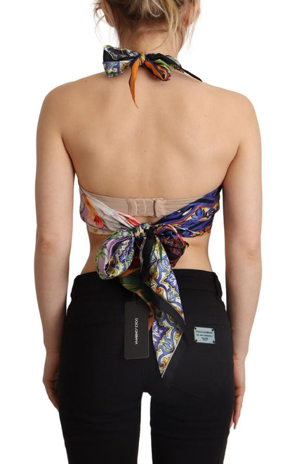 Top corto con scollo all'americana in seta foulard multicolore