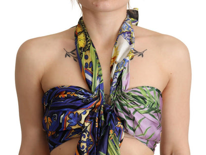 Top corto con scollo all'americana in seta foulard multicolore