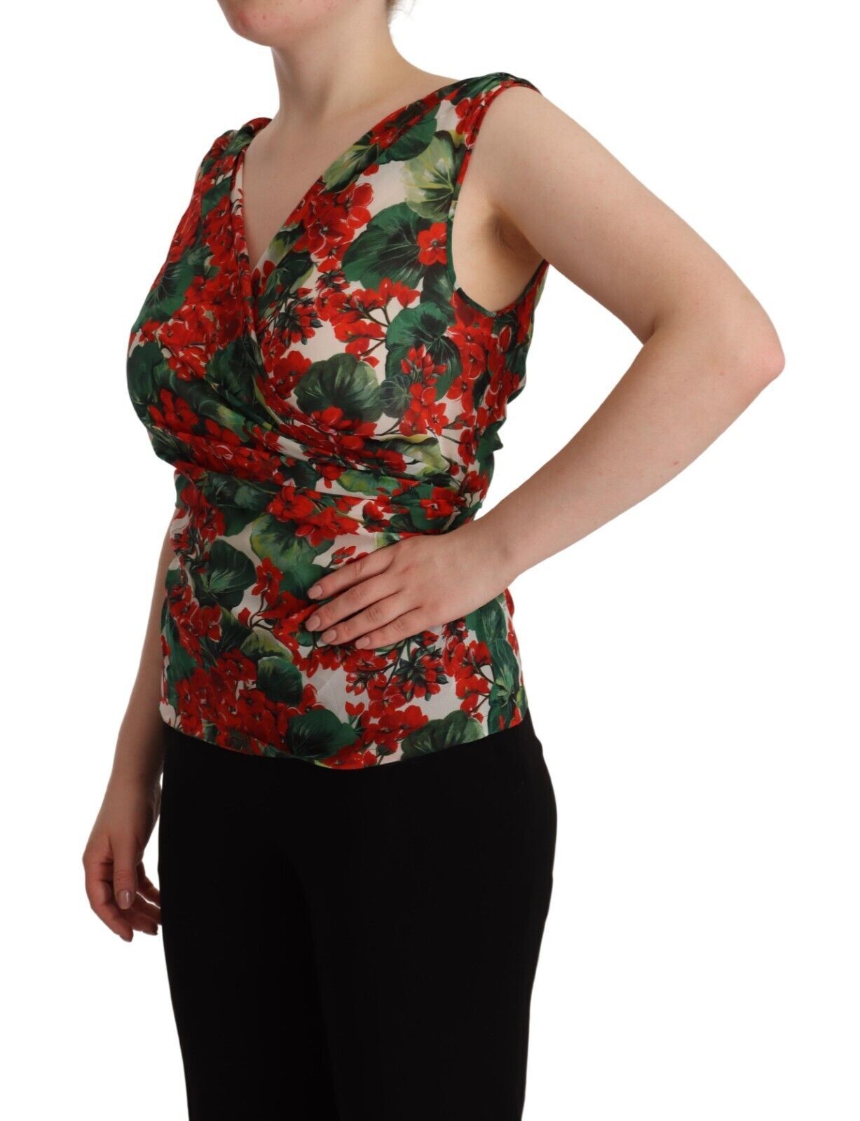 Elegant V-Neck Geranium Print Silk Tank Top