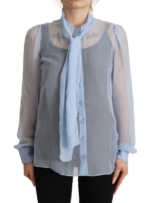 Top camicetta a maniche lunghe con colletto ascot in seta azzurra