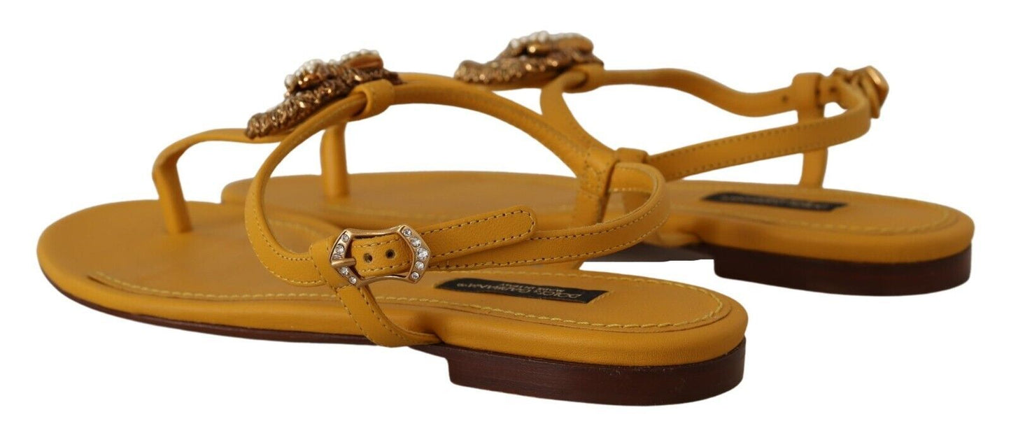 Senffarbene Leder-Devotion-Flats-Sandalen