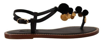 Schwarze Ledermünzen Flip Flops Sandalen Schuhe