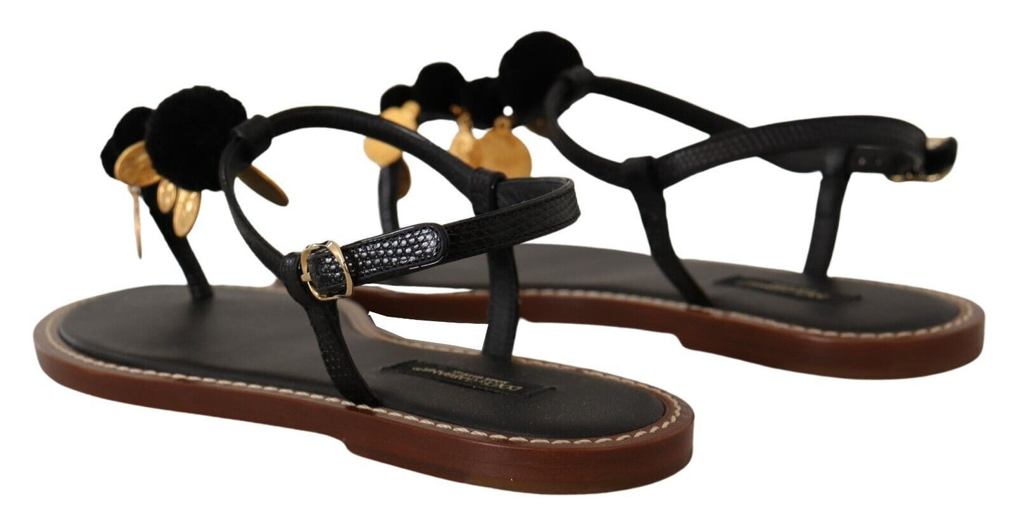 Schwarze Ledermünzen Flip Flops Sandalen Schuhe