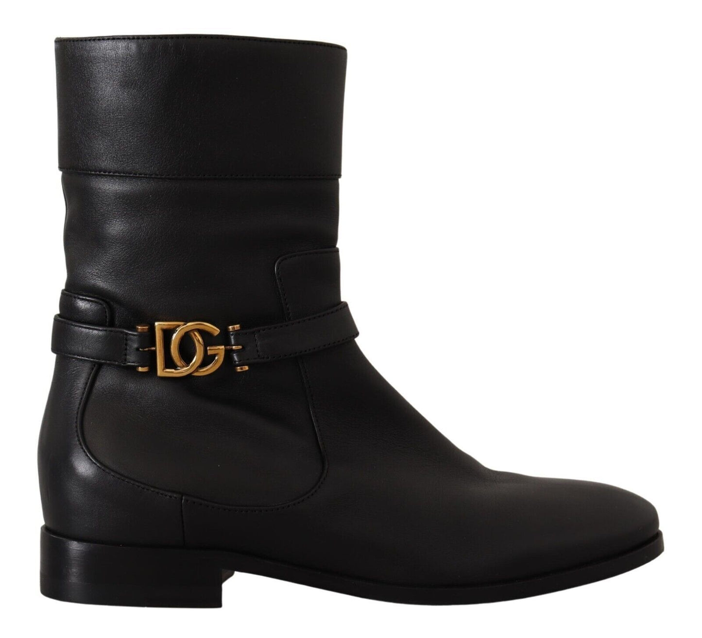 Kurze Stiefel aus schwarzem Leder mit flachem Logo und Logo