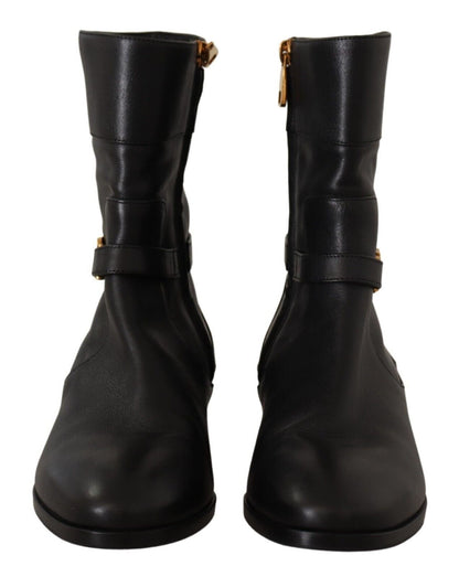 Kurze Stiefel aus schwarzem Leder mit flachem Logo und Logo