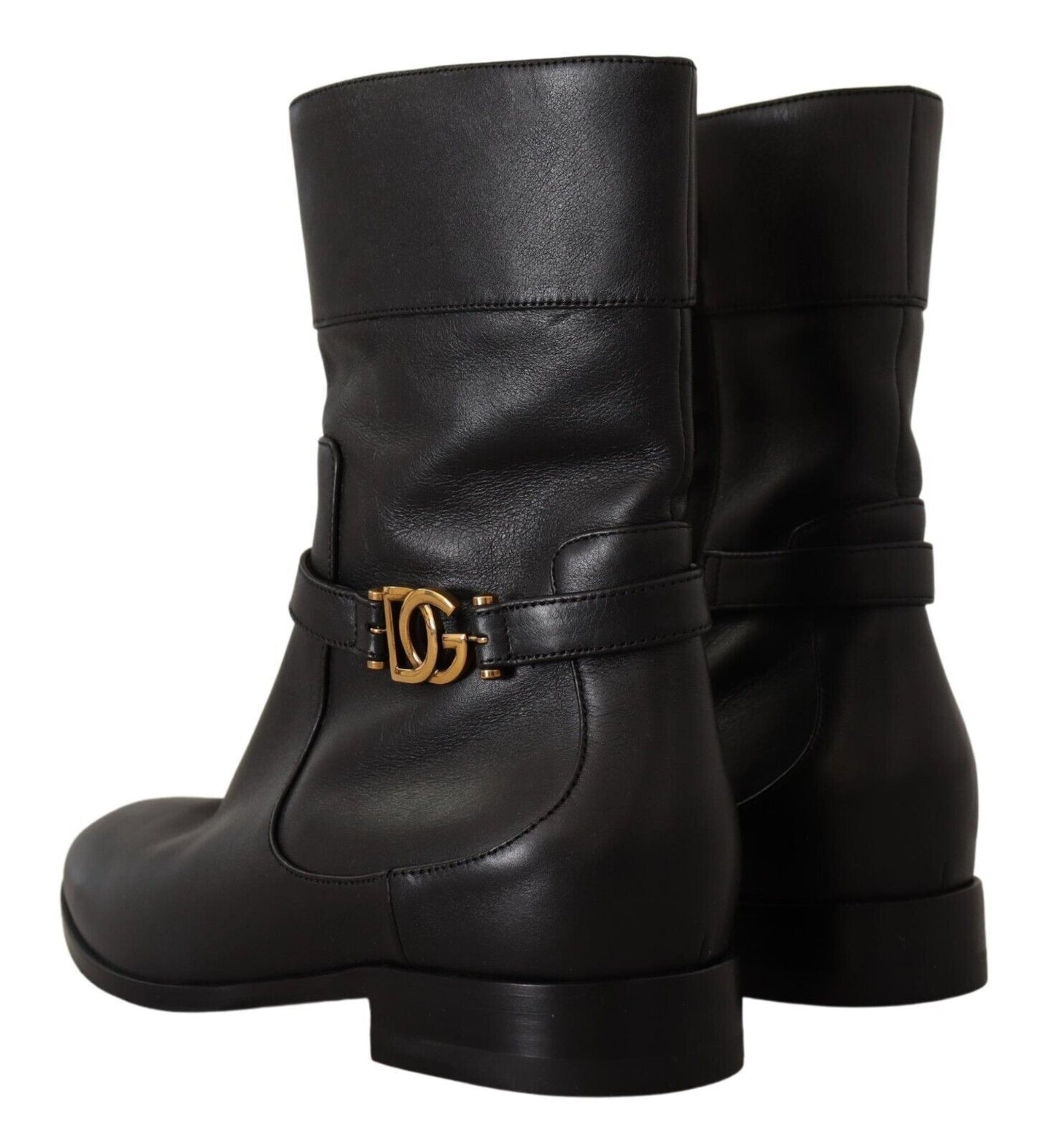 Kurze Stiefel aus schwarzem Leder mit flachem Logo und Logo