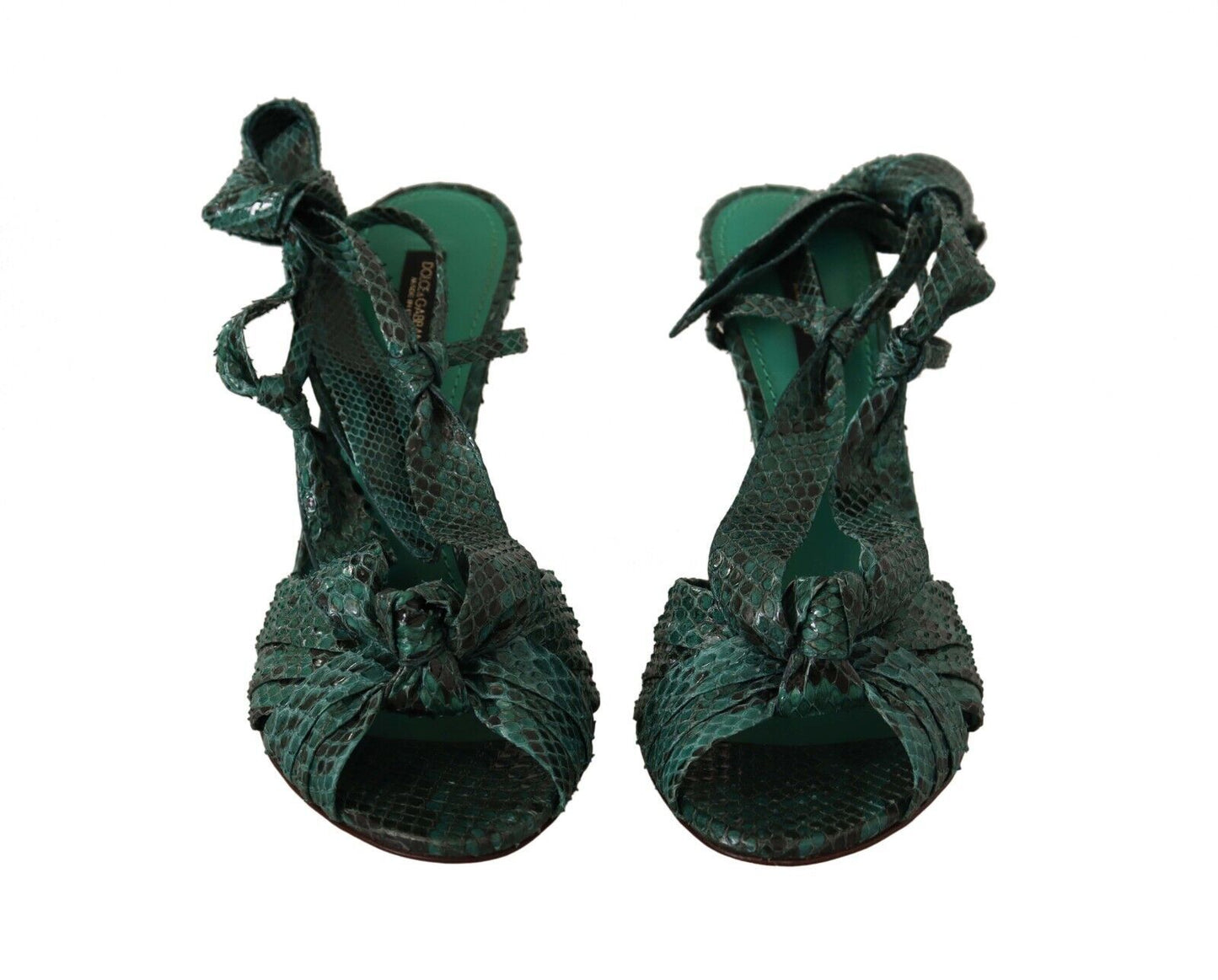 Smaragdgrüne exotische Leder-Sandalen mit Absatz