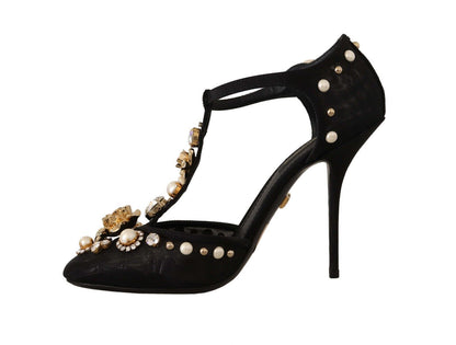 Scarpe sandali con tacco Vally in cristallo nero con perle finte