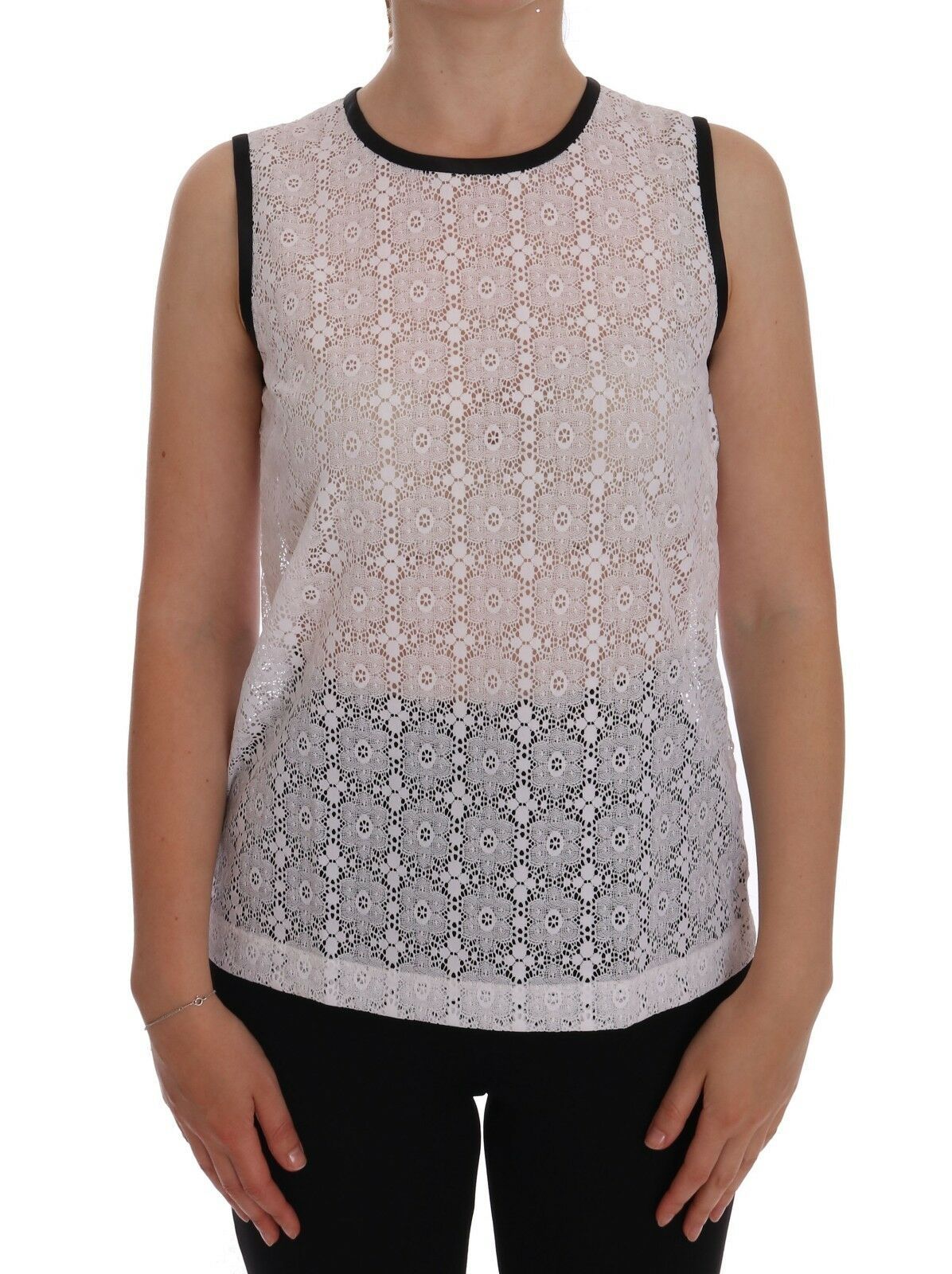 Weißes Tank-T-Shirt aus Nylon mit Spitze und Blumenmuster