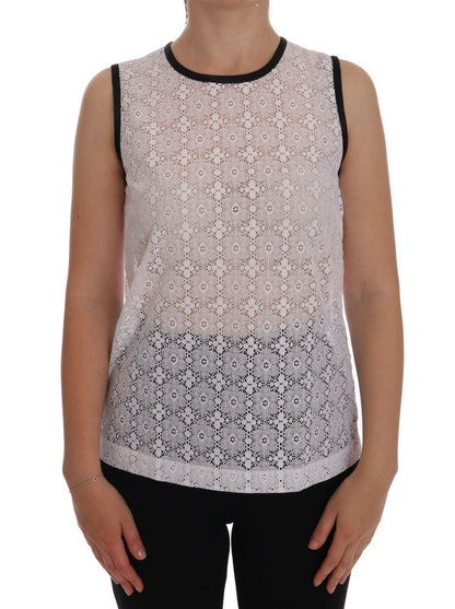 T-shirt con canotta in nylon floreale in pizzo bianco