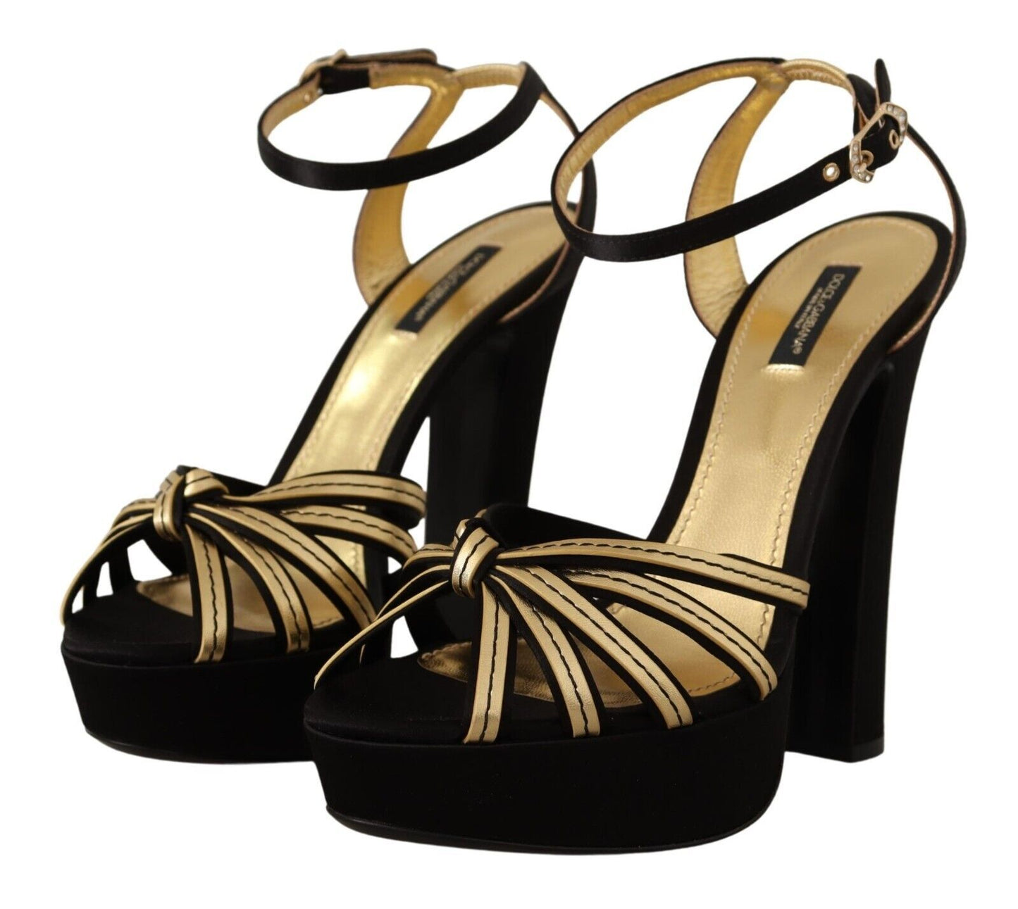 Schwarz-goldene Viskose-Sandalen mit Knöchelriemen