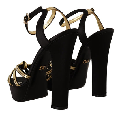 Schwarz-goldene Viskose-Sandalen mit Knöchelriemen