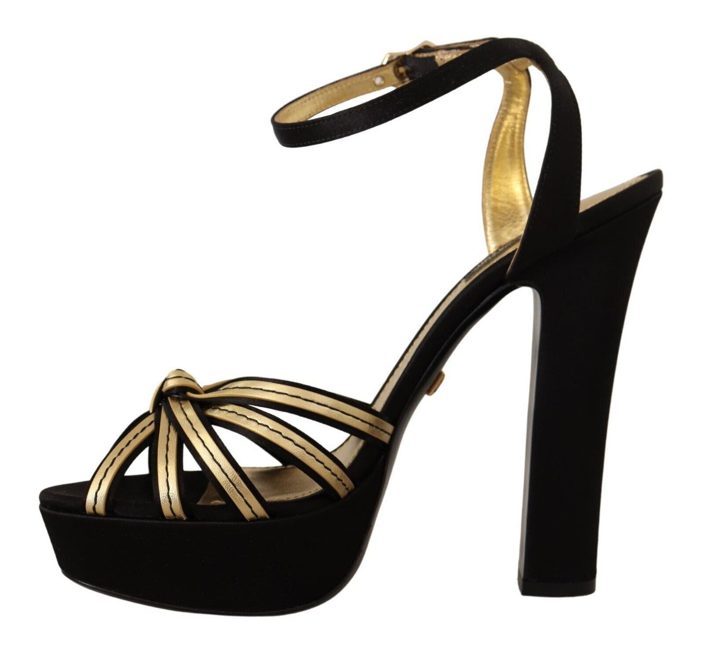 Schwarz-goldene Viskose-Sandalen mit Knöchelriemen