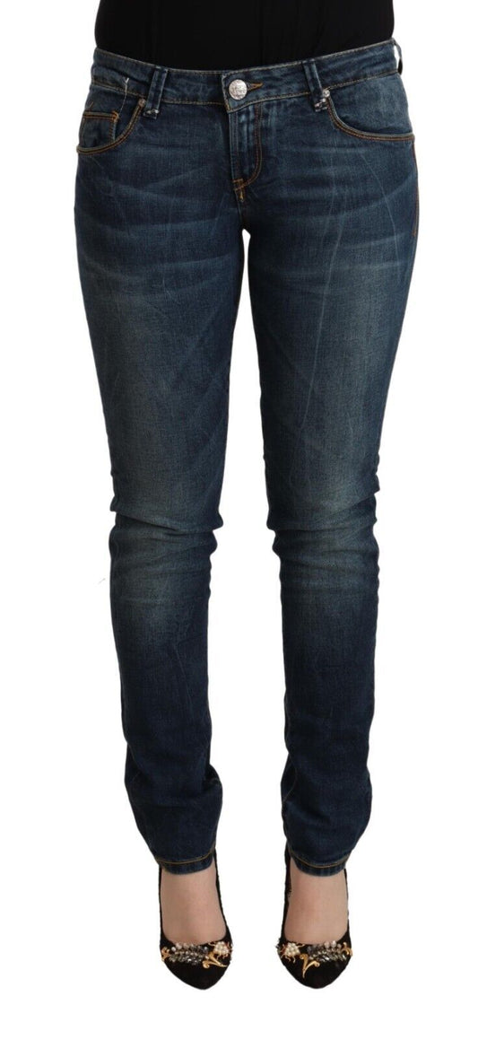 Jeans slim fit in denim di cotone lavato blu a vita bassa