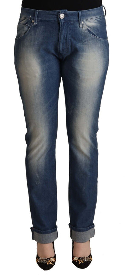 Jeans skinny blu lavati a vita media con orlo piegato