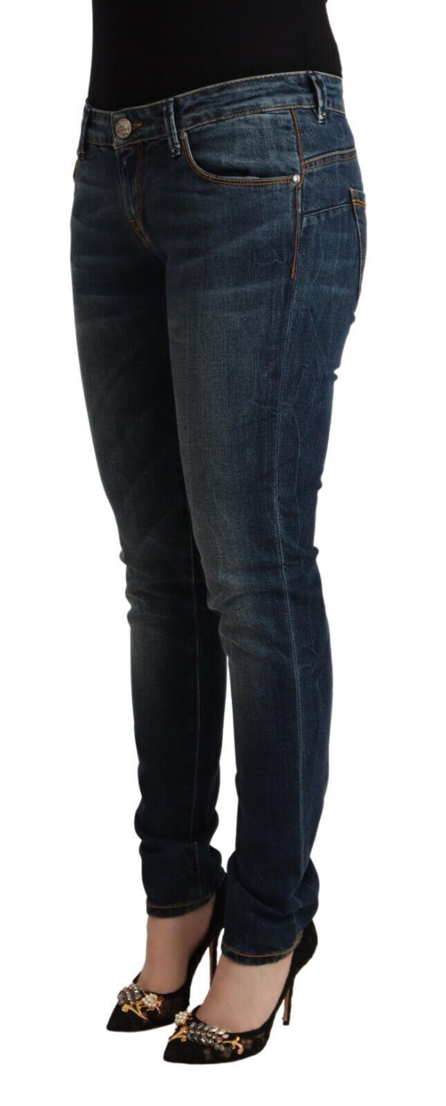 Blaue Slim-Fit-Jeans aus gewaschener Baumwolle mit niedriger Taille