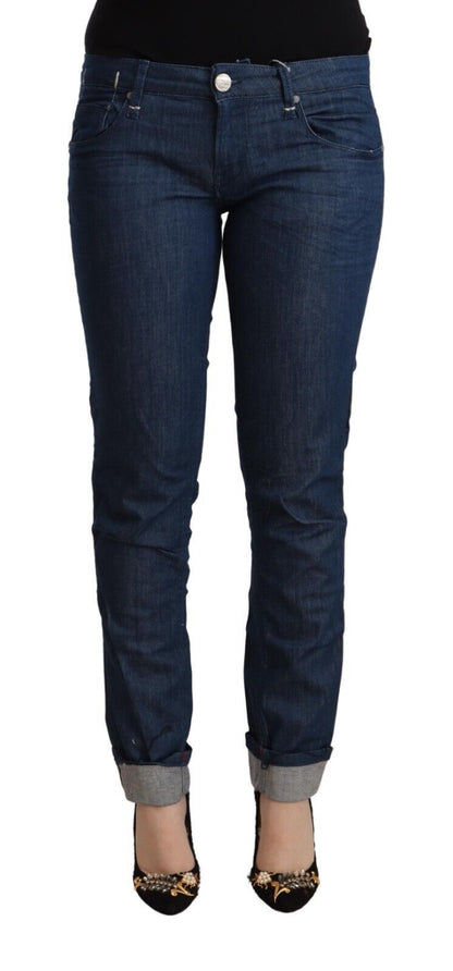 Jeans skinny con orlo piegato in denim skinny a vita bassa in cotone blu